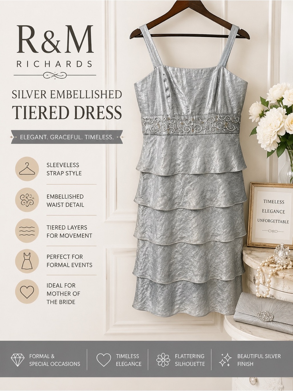 R&M Richards Silver Embellished Tiered Dress | Formal | Mother‎ of the Bride